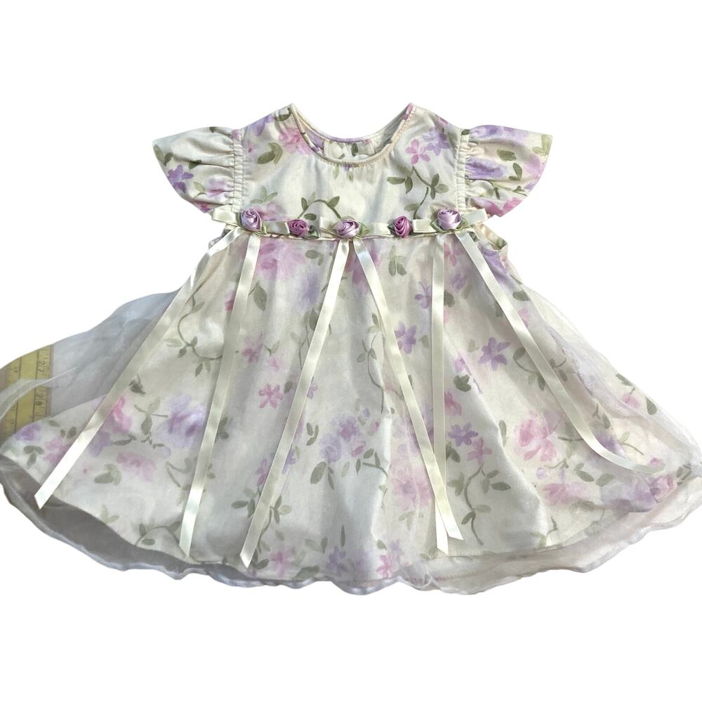 Vintage Rare Editions White Floral Sheer Ribbon Rosette Bloomer Formal Dress 12m